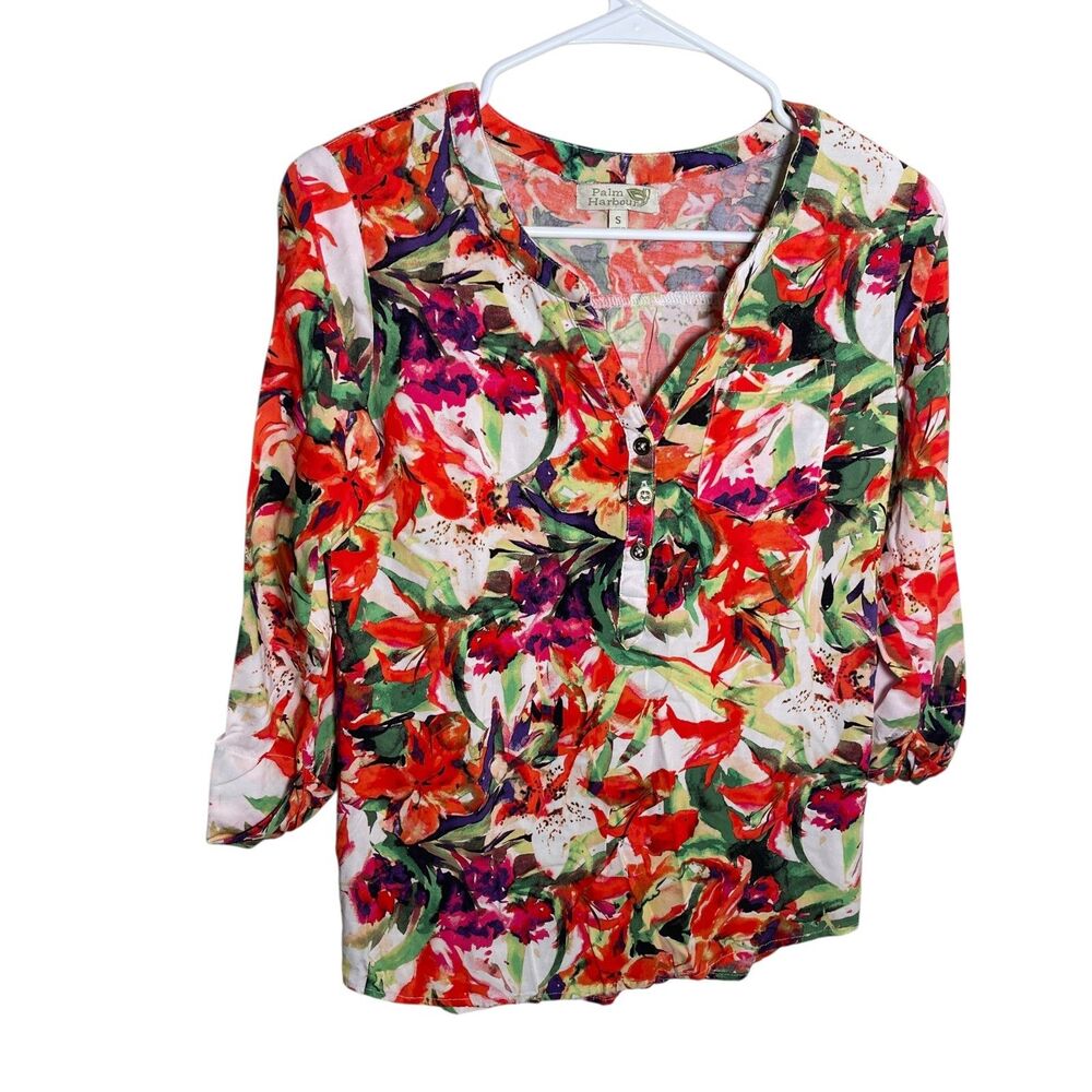 Palm Harbour T-Shirt Women's Small Watercolor V-Neck 3/4 Sleeve Top Artsy